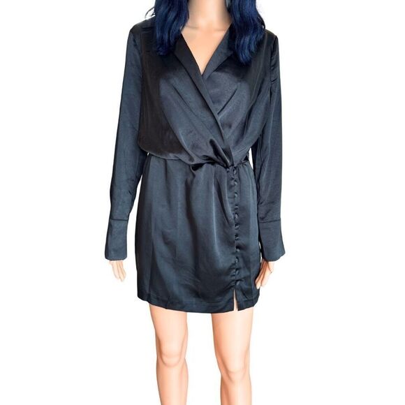 NWT Endless Rose Black Long Sleeve Satin Mini Dress - Picture 4 of 9